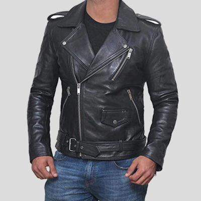 ALEC Black Biker Leather Jacket Front
