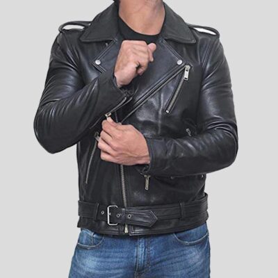 ALEC Black Biker Leather Jacket Hands