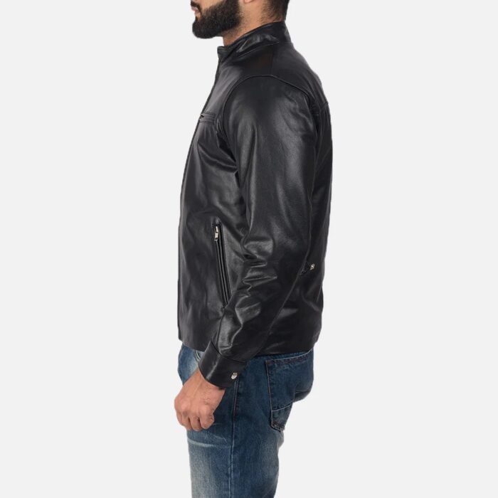 Austere Black Leather Biker Jacket Side Look