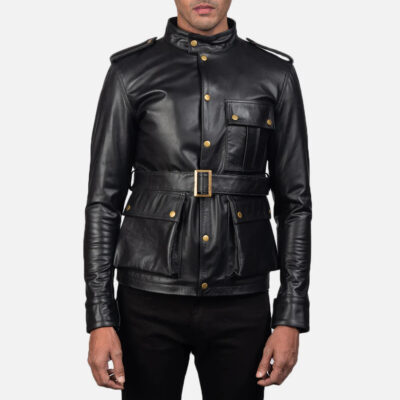 Black Belted Leather Jacket Men Front