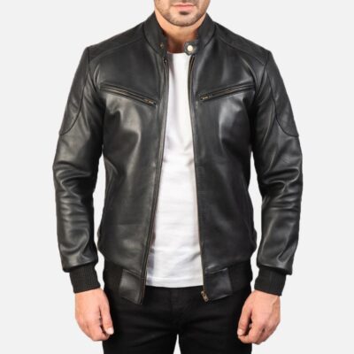 Black Biker Leather Jacket For Men Front