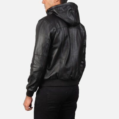 Black Bomber Leather Jacket hooded Back