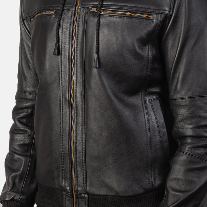 Black Bomber Leather Jacket hooded Close