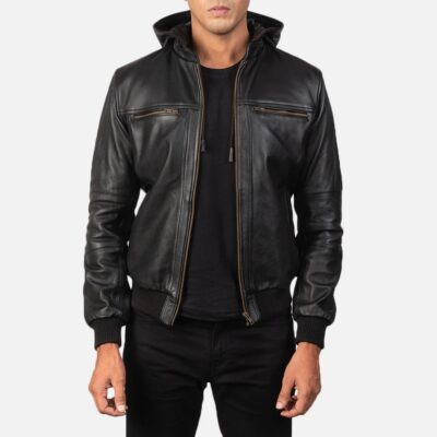 Black Bomber Leather Jacket hooded Front