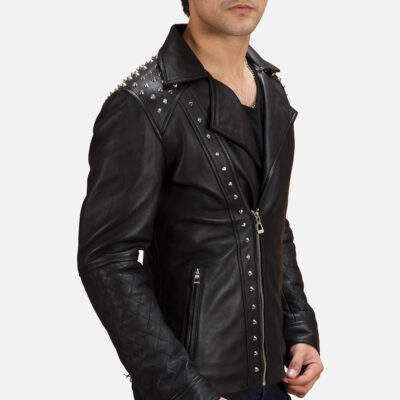 Black Studded Men Leather Biker Jacket Side Look
