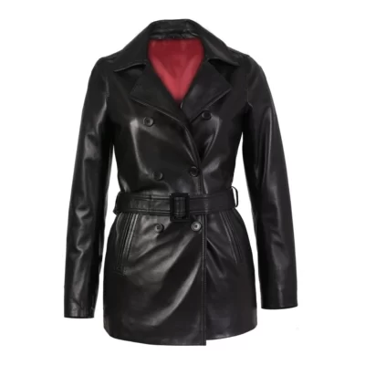 Carissa Womens Black Belted 3, 4 Long Leather Coat