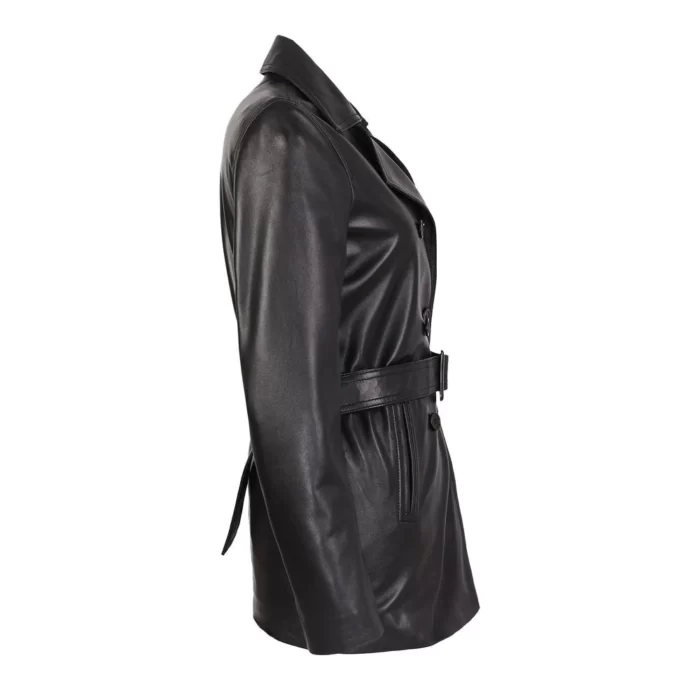 Carissa Womens Black Belted 3,4 Long Leather Coat side view