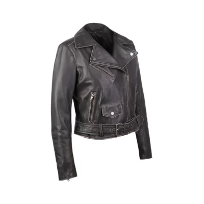 Carla Womens Distressed Short Biker Leather Jacket side view