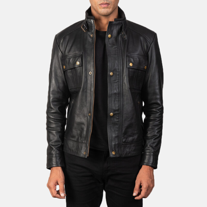 Black Studded Men Leather Biker Jacket || Grainy Leather