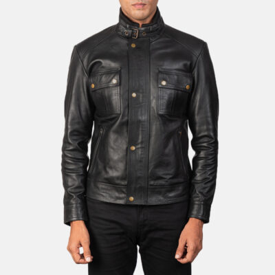 Darren Black Leather Biker Jacket Close Zip