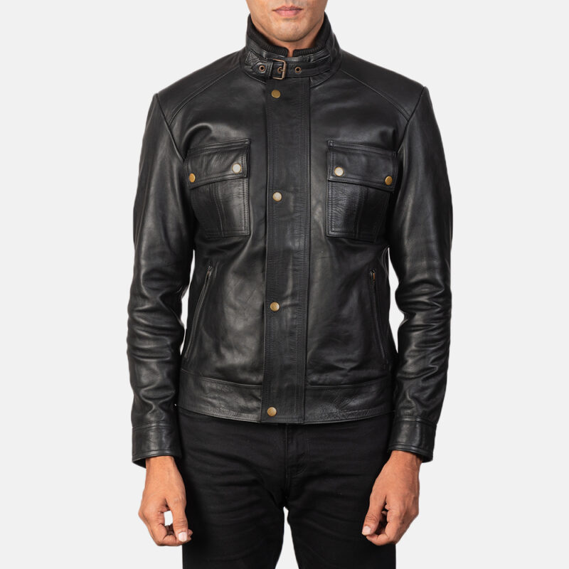 Black Studded Men Leather Biker Jacket || Grainy Leather
