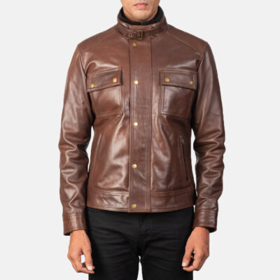 Darren Brown Leather Biker Jacket Close zip