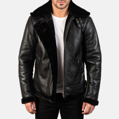 Francis B-3 Black Leather Bomber Jacket front open