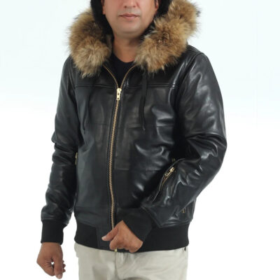 Genuine Leather Bomber fur Hooded Jacket