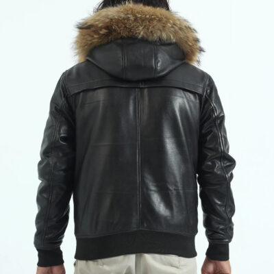 Genuine Leather Bomber fur Hooded Jacket Back
