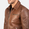 Lavendard Brown Leather Biker Jacket Close look