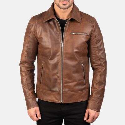 Lavendard Brown Leather Biker Jacket front close zip
