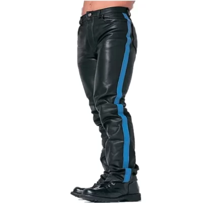 Leather Jeans Pant with Blue Leather Lines
