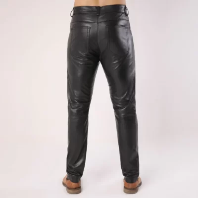 New Men's Plain Black Leather Pants Back View