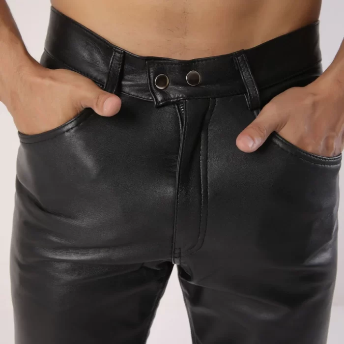 New Men's Plain Black Leather Pants Close Look