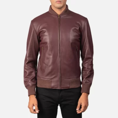 New Shane Maroon Leather Bomber Jacket Zipped