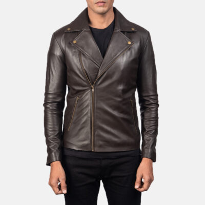 Noah Brown Leather Biker Jacket Front zip close