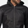Andy Matte Black Hooded Leather Jacket close up view