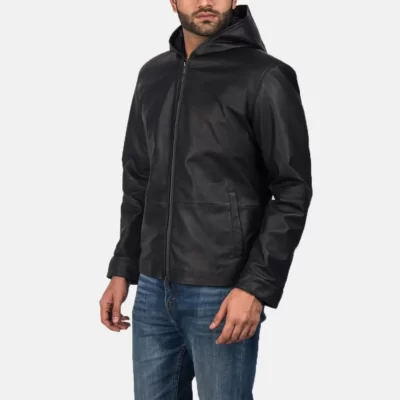 Andy Matte Black Hooded Leather Jacket side view