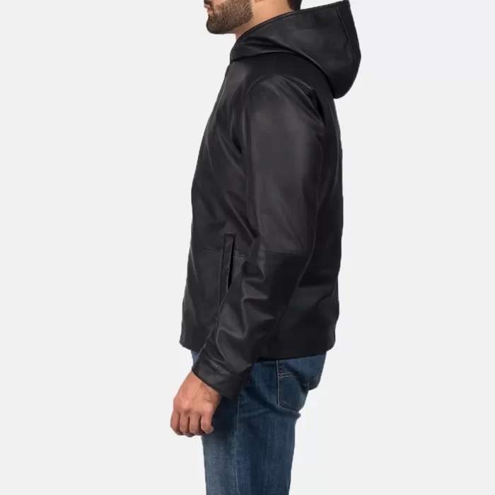 Andy Matte Black Hooded Leather Jacket side views