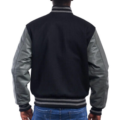 Black Grey Leather Sleeves Letterman Jacket back side