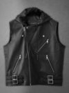 Black Leather Hood Biker Vest