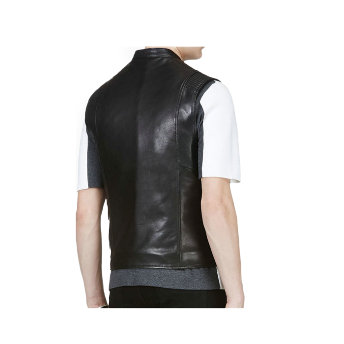 Black Pure Leather Vest For Mens back view