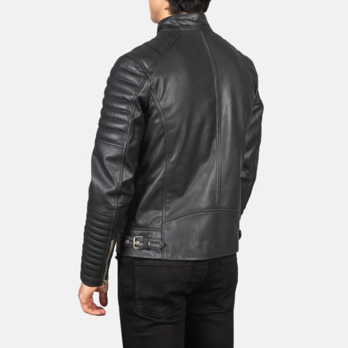 Damian Black Leather Biker Jacket back side view