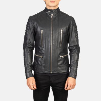 Damian Black Leather Biker Jacket zipped