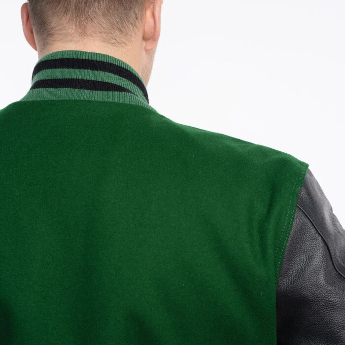 Kelly Green Wool Body & Black Leather Sleeves Letterman Jacket neck view