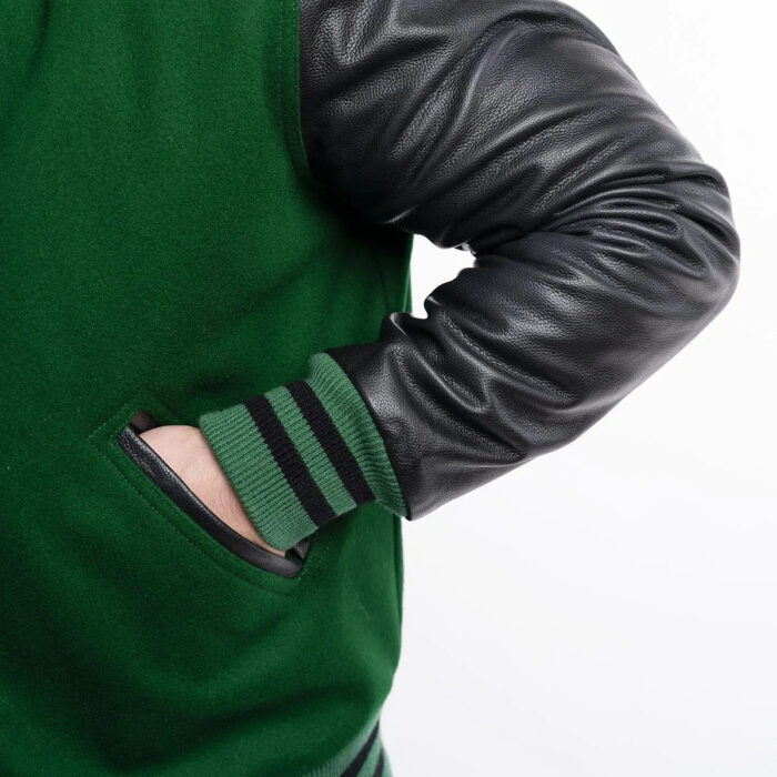 Kelly Green Wool Body & Black Leather Sleeves Letterman Jacket pocket lower view