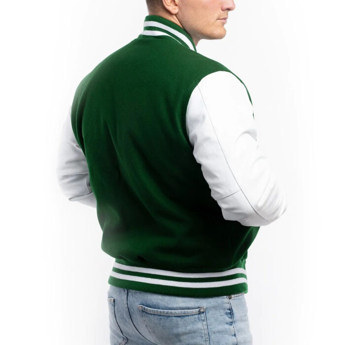 Kelly Green Wool Body Bright White Leather Sleeves Letterman Jacket back view