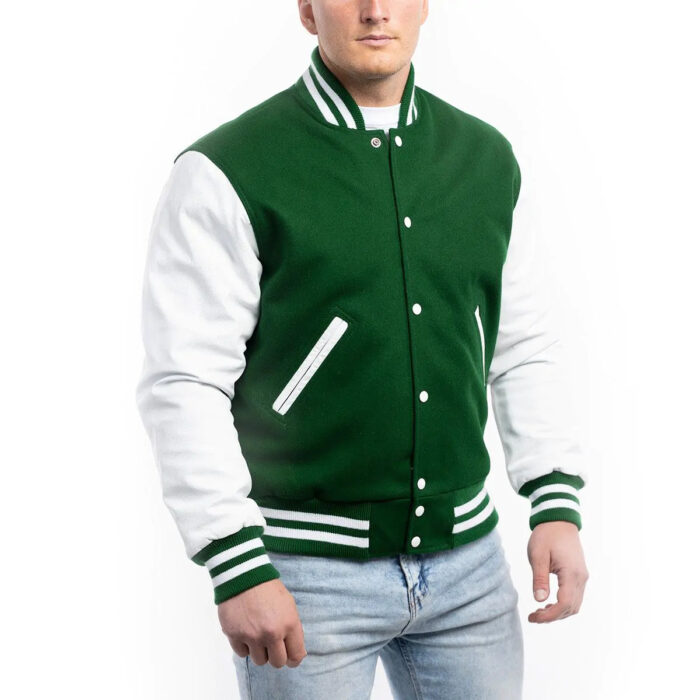 Kelly Green Wool Body Bright White Leather Sleeves Letterman Jacket front view
