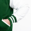 Kelly Green Wool Body Bright White Leather Sleeves Letterman Jacket lower view