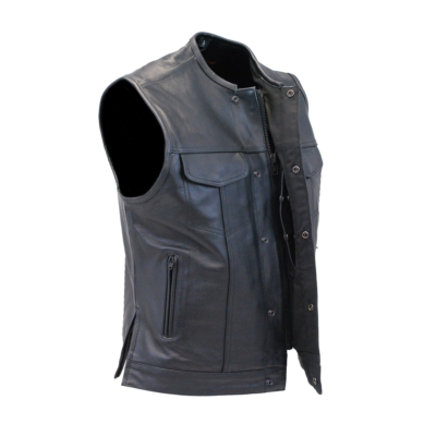 Men’s Collarless Black Leather Club Vest With Easy Access Concealed Pocket side view