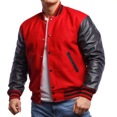 Red Wool Body Black Leather Sleeves Letterman Jacket front view