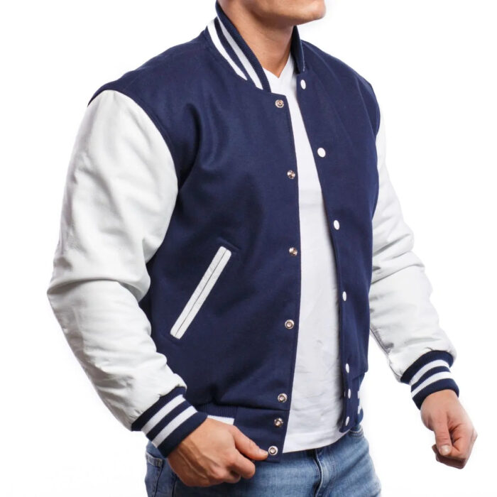 Royal Blue Wool Body & Bright White Leather Sleeves Letterman Jacket 1