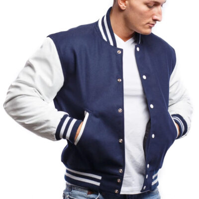 Royal Blue Wool Body & Bright White Leather Sleeves Letterman Jacket 3