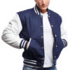 Royal Blue Wool Body & Bright White Leather Sleeves Letterman Jacket 4