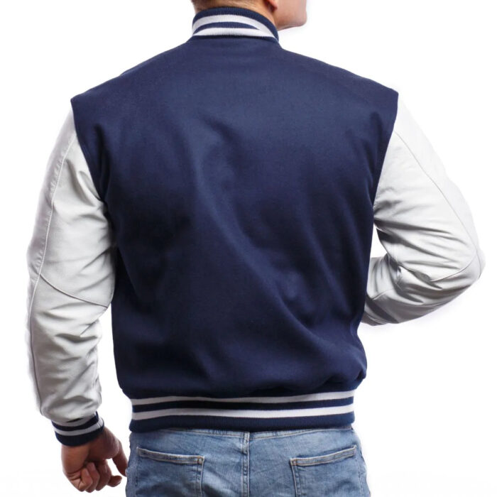 Royal Blue Wool Body & Bright White Leather Sleeves Letterman Jacket back view