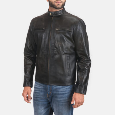 Rustic Black Leather Biker Jacket side view