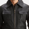premium Raven Black Leather Jacket close up view